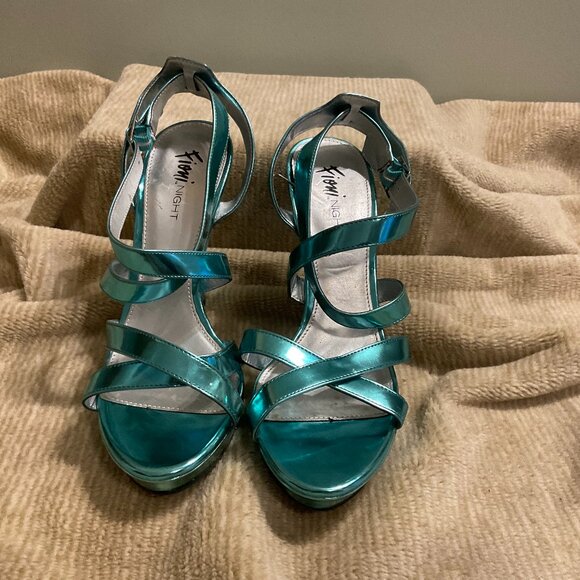 Fioni NIGHT Platform Sandal Heels - Metallic Turquoise Blue - Size 9 - Picture 1 of 8